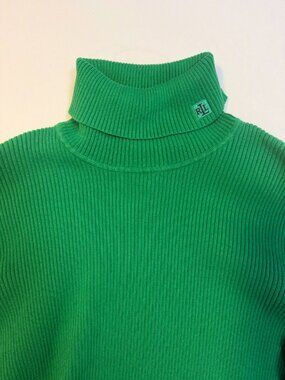 Lauren Ralph Lauren Green Ribbed Turtleneck Sweater S Cotton Knit LRL Logo Fall
